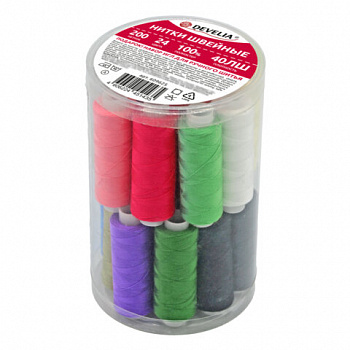 Нитки швейные 40 ЛШ, 200 м, полиэстер, НАБОР 24 цвета, в ПОДАРОК набор игл, DEVELIA (Девелиа)