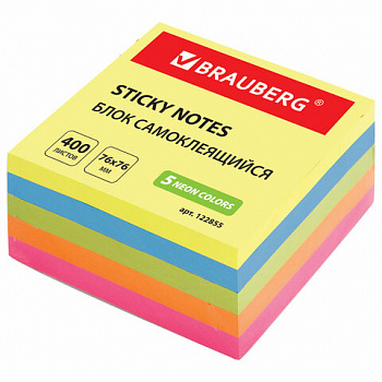 Блок самоклеящийся (стикеры), BRAUBERG, НЕОНОВЫЙ, 76х76 мм, 400 листов, 5 цветов