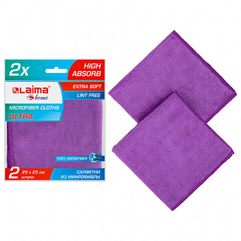 Салфетка из МИКРОФИБРЫ универсальная 25х25 см, КОМПЛЕКТ 2 шт., MULTI FIBER ULTRA, 280 г/м2, LAIMA