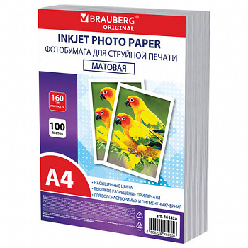 Фотобумага матовая, А4, 160 г/м2, односторонняя, 100 листов, ПАКЕТ, BRAUBERG ORIGINAL