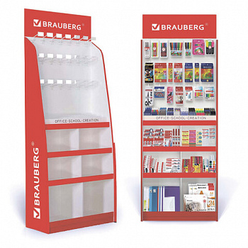 Стойка для размещения товара напольная усиленная BRAUBERG, 210х78х40 см, 4 полки, 30 ячеек, 21 крючок