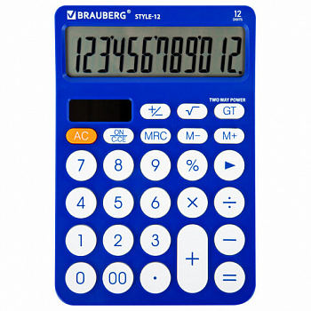 Калькулятор настольный BRAUBERG STYLE-12-BL (157х106 мм), 12 разрядов, двойное питание, СИНИЙ