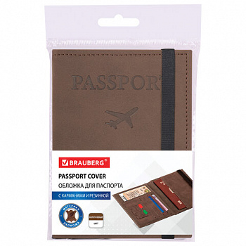 Обложка для паспорта с карманами и резинкой, мягкая экокожа, "PASSPORT", коричневая, BRAUBERG