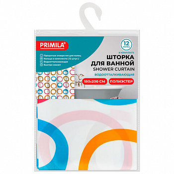Шторка для ванной ПОЛИЭСТЕР, 180х200 см, кольца в комплекте, КРУГИ, PRIMILA (ПРИМИЛА)
