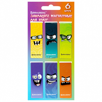 Закладки для книг МАГНИТНЫЕ, "МОНСТРИКИ", набор 6 штук, 60x20 мм, BRAUBERG