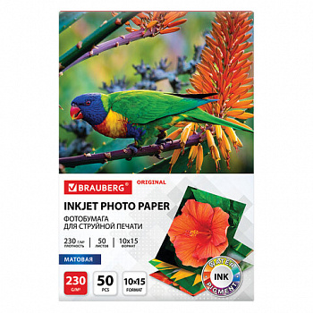 Фотобумага матовая, 10х15 см, 230 г/м2, односторонняя, 50 листов, BRAUBERG ORIGINAL