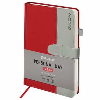 Ежедневник датированный 2026, А5, 138х213 мм, BRAUBERG "Esthetic", под кожу, держатель для ручки, застежка, красный/серый