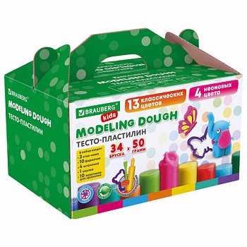 Пластилин-тесто для лепки BRAUBERG KIDS, 34 шт., 1700 г, 2 стека, 10 формочек, 4 штампика, 1 скалка, 10 пакетиков для хранения