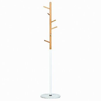 Вешалка-стойка BRABIX "CR-1906" на мраморном диске, металл белый/дерево бук, 6 крючков