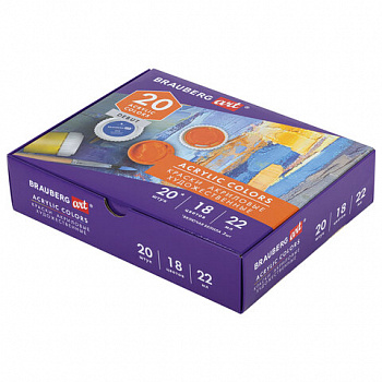 Краски акриловые художественные, НАБОР 20 штук, 18 цветов по 22 мл в банках, BRAUBERG ART DEBUT