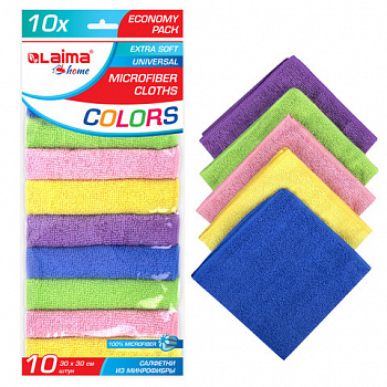 Салфетки из МИКРОФИБРЫ 30х30 см MULTI COLOUR, big pack, КОМПЛЕКТ 10 шт., 180 г/м2, LAIMA HOME