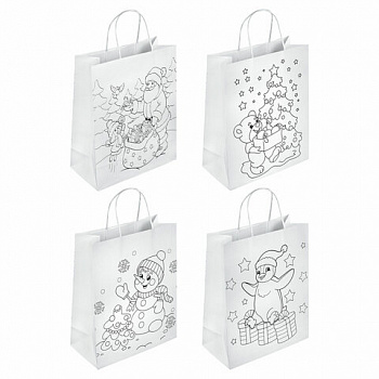 Пакет-раскраска НАБОР 8 шт., новогодний, 32х13х26 см + масляные пастельные мелки, ЗОЛОТАЯ СКАЗКА