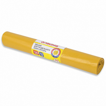 Мешки для раздельного сбора мусора 120 л, желтые, в рулоне 10 шт., ПВД 38 мкм, 70х108 см, LAIMA, 606705