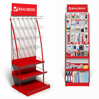Стойка для размещения товара напольная BRAUBERG, 2050x600x500 мм, 25 крючков, 3 полки, металл