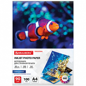 Фотобумага глянцевая, А4, 90 г/м2, односторонняя, 100 листов, BRAUBERG ORIGINAL