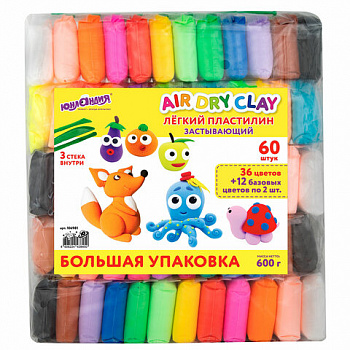 Пластилин супер лёгкий воздушный застывающий 60 штук (36 цветов + 12х2 базовых), 600 г, 3 стека, ЮНЛАНДИЯ