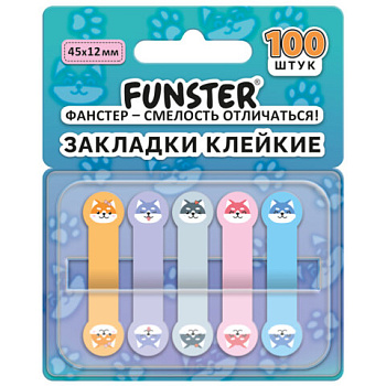 Закладки клейкие Z-сложения FUNSTER (ФАНСТЕР) "Собаки", 45х12 мм, 100 шт., (5 цветов х 20 листов), в диспенсере
