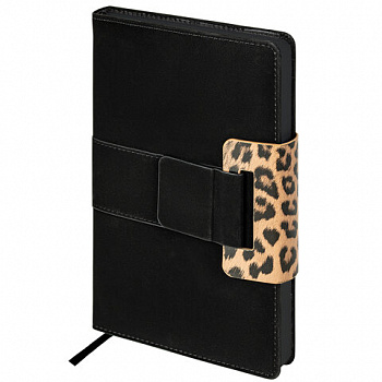 Ежедневник недатированный А5 138х213 мм, BRAUBERG "Safari", под кожу, магнит, 160 л., Leopard, черный