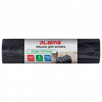 Мешки для мусора с завязками 240л черные в рулоне 5шт особо прочные ПВД 60мкм 110x120, LAIMA