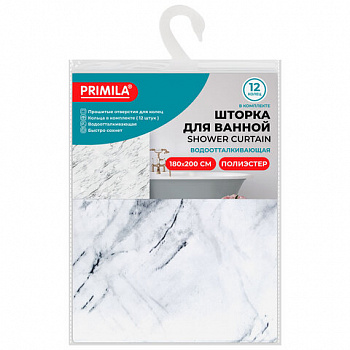 Шторка для ванной ПОЛИЭСТЕР, 180х200 см, кольца в комплекте, БЕЛЫЙ МРАМОР, PRIMILA (ПРИМИЛА)