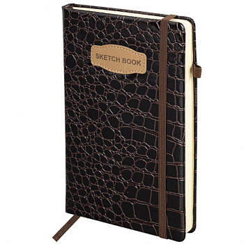 Скетчбук, слоновая кость 140 г/м2, 130х210 мм, 80 л., КОЖЗАМ, резинка, BRAUBERG ART CLASSIC, CROCO, коричневый