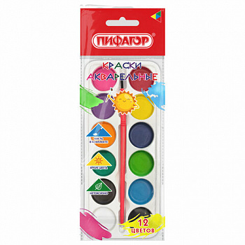 Краски акварельные ПИФАГОР СОЛНЫШКО 12 цветов, круглые кюветы, на коррексе