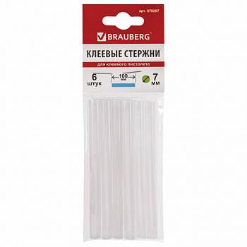 Клеевые стержни, диаметр 7 мм, длина 100 мм, белые, комплект 6 штук, BRAUBERG, европодвес