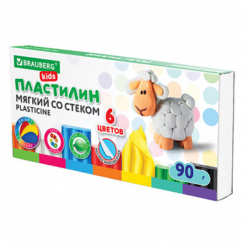 Пластилин мягкий восковой BRAUBERG KIDS, 6 цветов, 90 г, со стеком