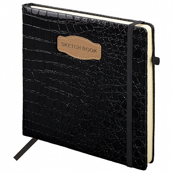 Скетчбук, слоновая кость 140 г/м2, 200х200 мм, 80 л., КОЖЗАМ, резинка, BRAUBERG ART CLASSIC, CROCO, черный