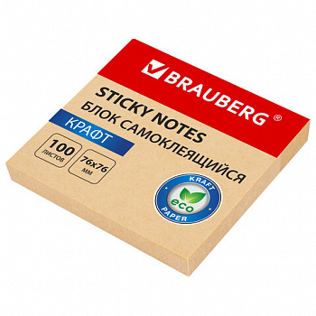 Блок самоклеящийся крафтовая бумага (стикеры) BRAUBERG KRAFT, 76х76 мм, 100 листов