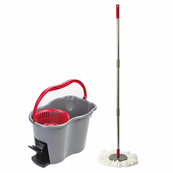 Швабра с отжимом и ведром 14л/7л, центрифуга отжим педалью, 2 круглые насадки, крепление кольцо, серо-красный, LAIMA