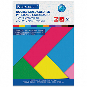 Набор картона и бумаги А4 ТОНИРОВАННЫЕ (белый 16 л., цветной 64 л., бумага 20 л.), BRAUBERG