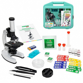 Микроскоп с подсветкой в кейсе, 74 предмета, в т.ч. набор из 16 микропрепаратов в подарок, увеличение 300х,600х,1200х, BRAUBERG KIDS