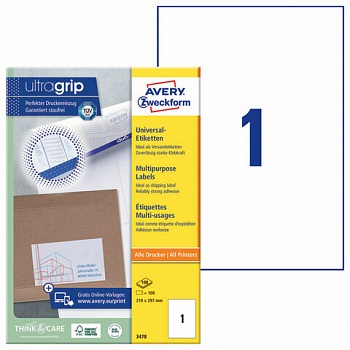 Этикетка самоклеящаяся 210х297 мм, 1 этикетка, белая, 100 листов, Avery Zweckform
