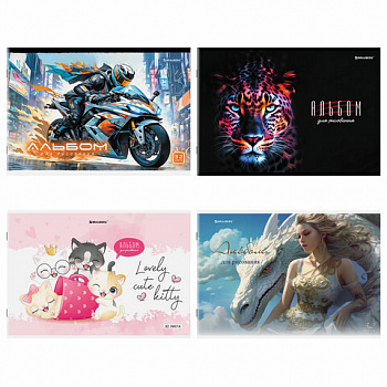 Альбом для рисования А4, 32 листа, скоба, обложка картон, BRAUBERG, 203х288 мм, "МИКС-2"