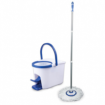 Швабра с отжимом и ведром 11л/7л, центрифуга, отжим педалью, круглая насадка липучка, бело-синий, LAIMA