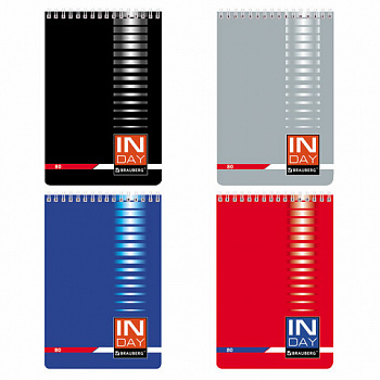 Блокнот А5 146х205 мм, 80 л., гребень, мелованная картонная обложка, клетка, BRAUBERG, "INDAY", ассорти