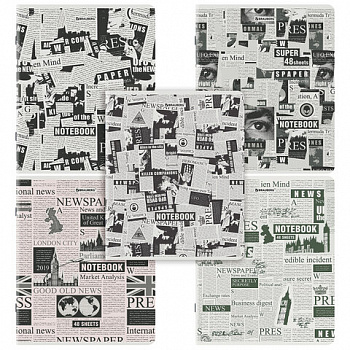 Тетрадь А5, 48 л., BRAUBERG, скоба, клетка, TWIN-лак, "Газета" (микс в спайке)