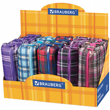 Пенал-косметичка BRAUBERG полиэстер, ассорти 5 цветов, "Шотландия", 20х6х4 см, дисплей