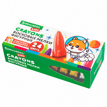 Восковые мелки фигурные BRAUBERG KIDS "РАКЕТА", НАБОР 24 цвета + НАКЛЕЙКИ В ПОДАРОК