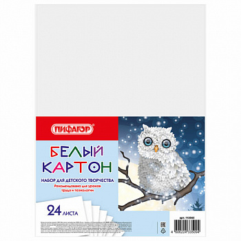 Картон белый А4 немелованный (матовый), 24 листа, ПИФАГОР, 200х290 мм, "Совушка"