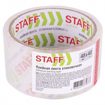 Клейкая лента упаковочная 48 мм x 40 м, прозрачная, толщина 40 микрон, STAFF CLASSIC