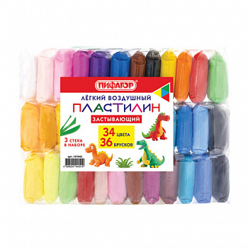 Пластилин супер лёгкий воздушный застывающий 36 штук (32 цвета + 2 белых + 2 черных), 310 г, 3 стека, ПИФАГОР