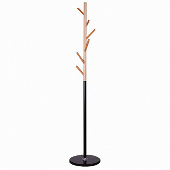 Вешалка-стойка BRABIX "CR-1906" на мраморном диске, металл черный/дерево бук, 6 крючков