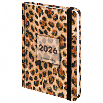 Ежедневник датированный 2026 с резинкой 145х203 мм, А5, BRAUBERG, твердый, фольга, "Леопард"