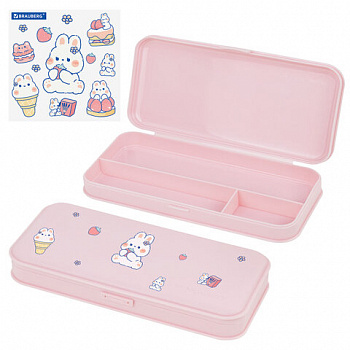 Пенал пластиковый BRAUBERG, пастельный розовый, С НАКЛЕЙКАМИ, 21х9х3 см