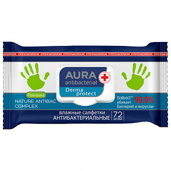 Салфетки влажные 72 шт., AURA антибактериальные, с пластиковым клапаном