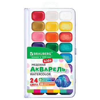 Краски акварельные BRAUBERG "KIDS NEW", медовые, 24 цвета (18 базовых + 6 перламутровых), квадратные кюветы, пластиковый пенал