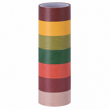 Клейкие WASHI-ленты для декора "ИНТЕНСИВ", 7 теплых цветов, 15 мм х 3 м, рисовая бумага, ОСТРОВ СОКРОВИЩ