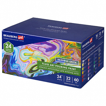 Краски акриловые для техники "Флюид Арт" (POURING PAINT), НАБОР 22 цвета, 24 штуки по 60 мл, BRAUBERG ART